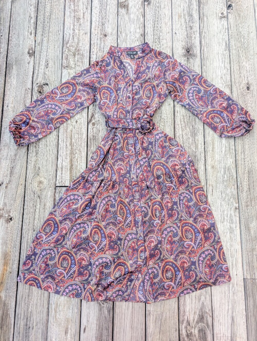 Rachel Zoe Dress Size S Purple Red Satin Midi Belted Long Sleeves Paisley Summer